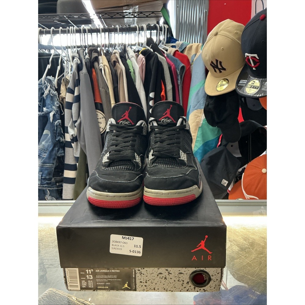 Air Jordan 4 Retro OG Bred 2019 Black Red Sneakers US Size 11.5 Men's 308497-060